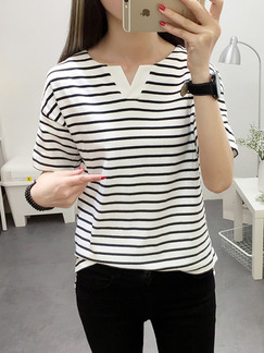 White and Black Knitted Slim V Neck Stripe Top for Casual
