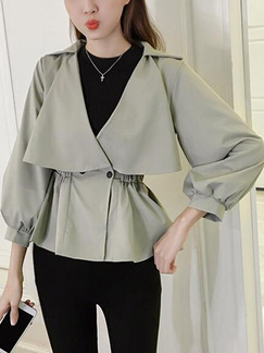 Grey Loose Lapel Pleated Lantern Sleeve A-Line Double-Breasted Top for Casual Office