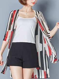 White Red and Black Mesh Plus Size Printed Cardigan Top for Casual
