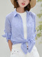 Blue Cotton Literary Shirt Pocket Long Sleeve Top for Casual
