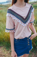 Pink Loose Literary Embroidery Tassels Top for Casual Party