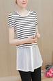 White and Black Plus Size A-Line Loose Round Neck Knitted Stripe Linking Contrast Buckled Top for Casual