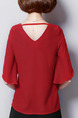 Red Plus Size Loose V Neck Ruffled Off-Shoulder Back Top for Casual