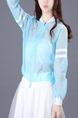 Blue and White Contrast Linking Stand Collar See-Through Long Sleeve Cardigan for Casual
