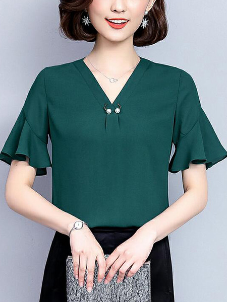 Ink Green Loose Flare Sleeve Shirt V Neck Top for Casual Party Office