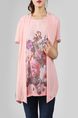 Pink and Colorful Plus Size Round Neck Seem-Two Linking Mesh Located Printing Top for Casual Party