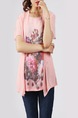 Pink and Colorful Plus Size Round Neck Seem-Two Linking Mesh Located Printing Top for Casual Party