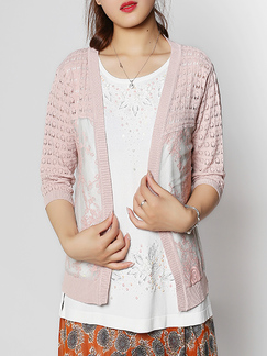 Pink Cardigan Cutout Mesh Linking Embroidery Knitted Top for Casual Office