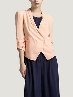 Orange pink V Neck Suit Chiffon Cardigan Double-breasted Fake pocket Buckled Long Sleeves Top for Casual Office