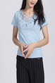 Blue Blouse Lace Round Neck Top for Casual Party Office