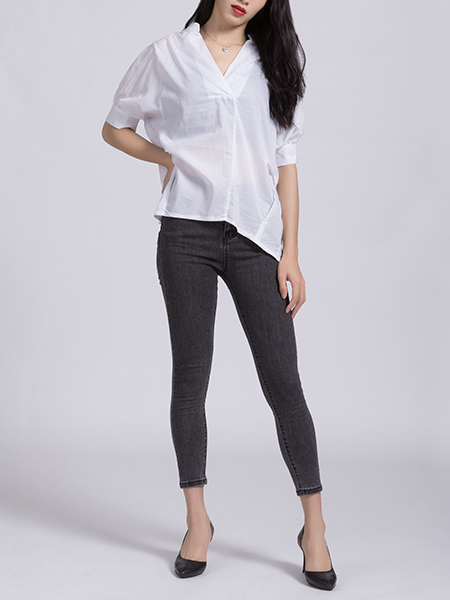 White Blouse V Neck Top for Casual Office Party