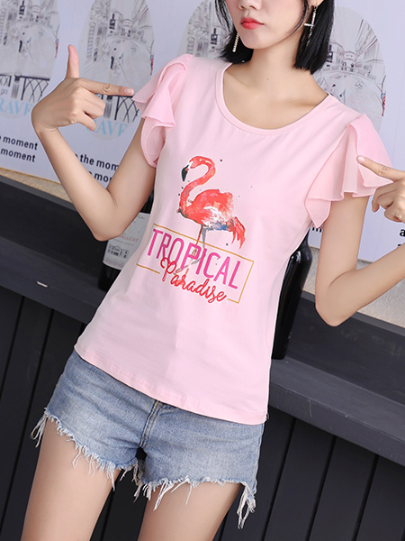 Pink Round Neck Plus Size Printed Tee Top for Casual