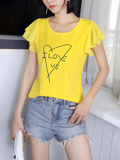 Yellow Round Neck Plus Size Printed Tee Top for Casual