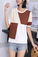 White and Brown Round Neck Tee Top for Casual Party