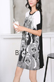 White and Black Round Neck Printed Loose Tee Top for Casual