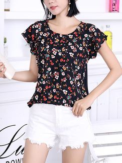 Black Colorful Round Neck Floral Plus Size Blouse Top for Casual Party Office