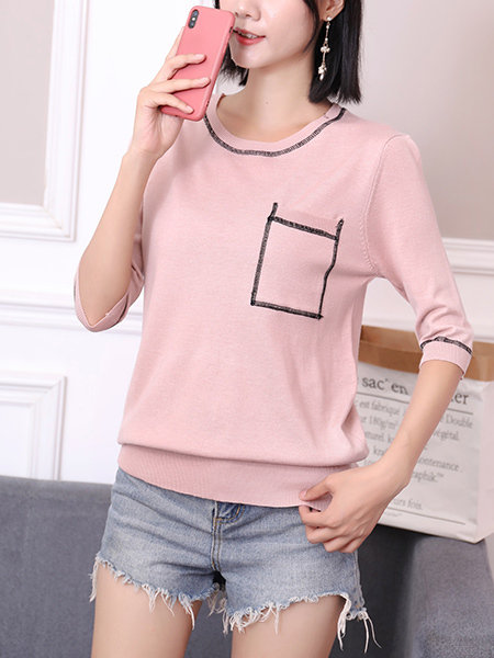 Pink Round Neck Tee Top for Casual