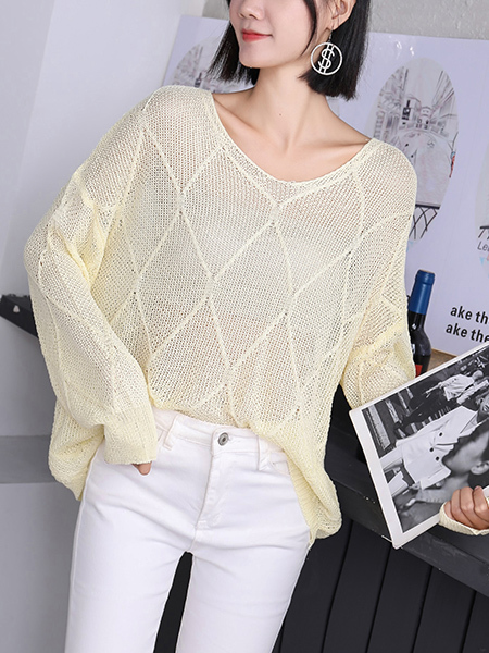 Yellow Round Neck Long Sleeve Knitted Top for Casual