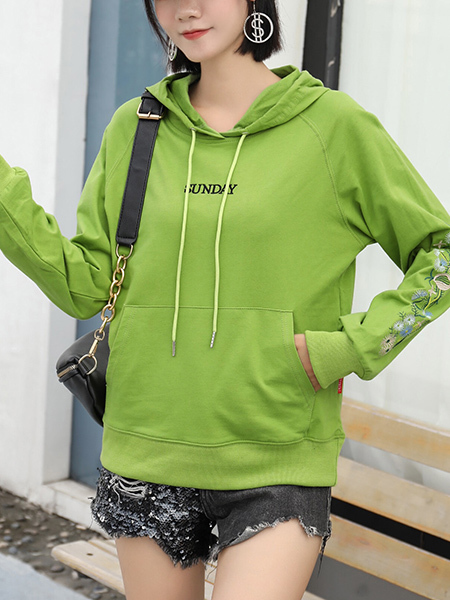 Green Long Sleeve Drawstring Hoodie for Casual