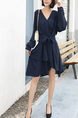 Blue V Neck Long Sleeve Knee Length Top for Casual Office
