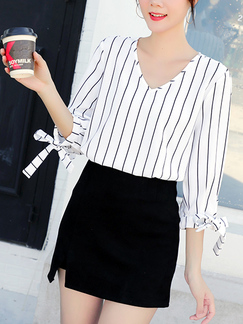 White and Black Loose V Neck Band Belt Stripe Blouse Top for Casual Office Party