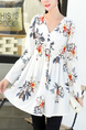 White and Colorful Loose Plus Size V Neck Pleat Printed Long Sleeve Top for Casual Party Office