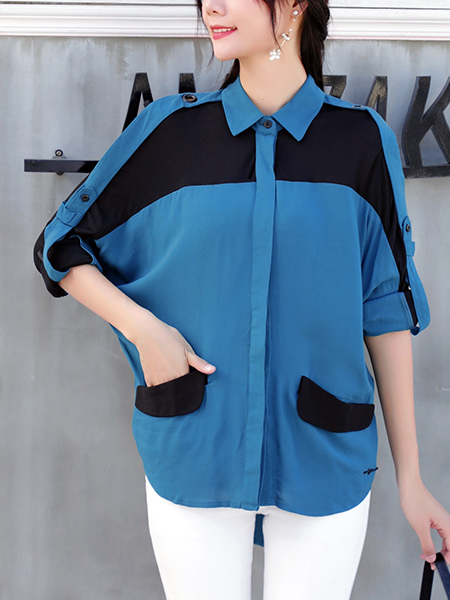 Blue and Black Plus Size Loose Lapel Pocket Contrast Single-Breasted Top for Casual Party Office