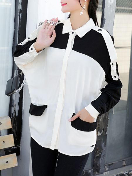 White and Black Plus Size Loose Lapel Pocket Contrast Single-Breasted Long Sleeve Top for Casual Party Office