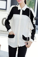 White and Black Plus Size Loose Lapel Pocket Contrast Single-Breasted Long Sleeve Top for Casual Party Office