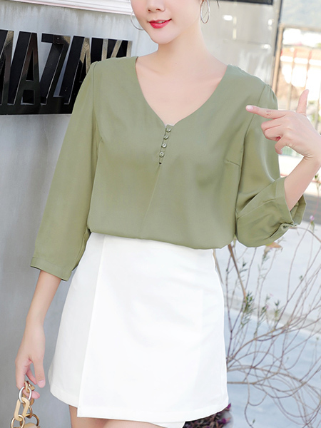 Olive Green Plus Size V Neck Single-Breasted Blouse Top for Casual Party Office