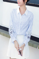 Light Blue and White Lapel Stripe Embroidery Single-Breasted Cardigan Lantern Long Sleeve Top for Casual Party Office