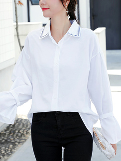 White Plus Size Loose  Collared Embroidery Cardigan Single-Breasted Long Sleeve Blouse Top for Casual Party Office