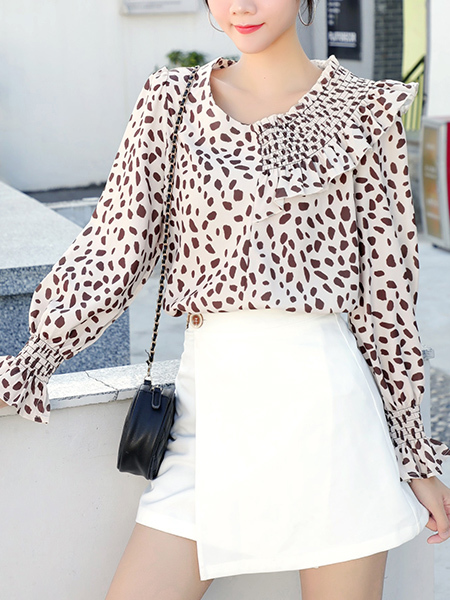 Leopard Round Neck Pleat Ruffled Long Sleeve Blouse Top for Casual Party Office