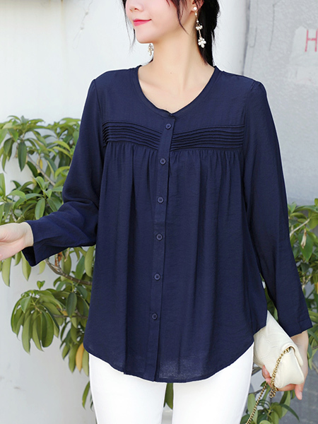 Navy Blue Loose V Neck Pleat Cardigan Single-Breasted Long Sleeve Blouse Top for Casual Party Office