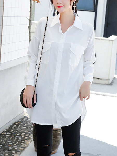 White Collared Long Sleeve Button Down Chest Pocket Blouse Top for Casual Party Office