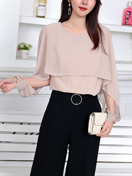 Pink Blouse Plus Size Long Sleeve Round Neck Top for Casual Party Office Evening