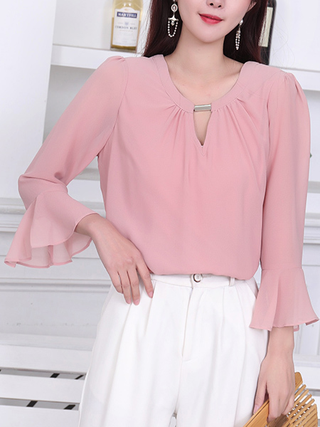 Pink Long Sleeve Blouse Plus Size Top for Casual Party Office Evening