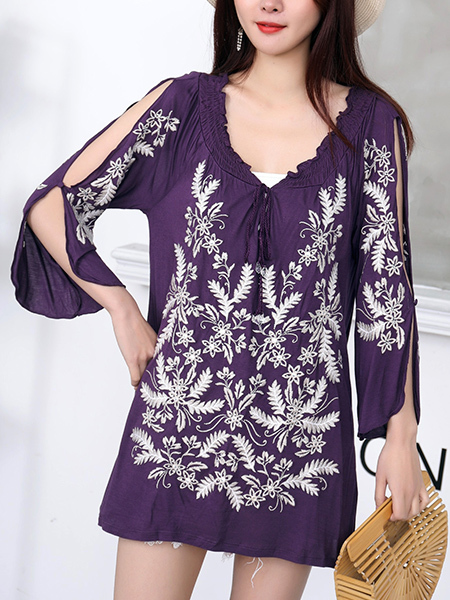 Purple and White Lace Long Sleeve Plus Size Blouse Top for Casual Party Office Evening