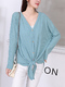 Blue Knitted Plus Size Long Sleeve Button Down Top for Casual Party Office