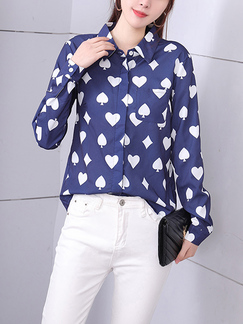 Blue and White Button Down Collared Long Sleeve Blouse Top for Casual Party Office