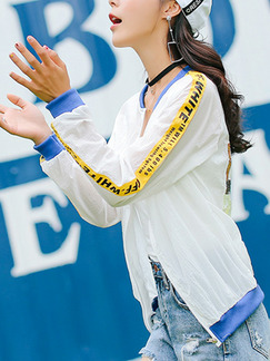 White Blue and Yellow Loose Contrast Linking Letter Printed Sun Protection Long Sleeve Jacket for Casual