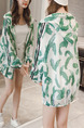 White and Green Plus Size Loose Printed Hooded Drawstring Linking Stripe See-Through Coat for Casual