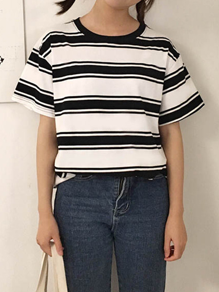 Black and White Loose Round Neck Contrast Stripe  Top for Casual