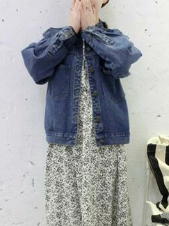 Navy Blue Loose Denim Long Sleeve Coat for Casual