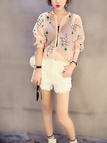 Pink Colorful Loose Printed See-Through Long Sleeve Coat for Casual Party