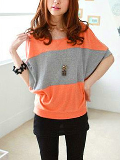 Orange and Gray Loose Contrast Bat T-Shirt Top for Casual