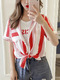 White and Red Loose Contrast Stripe Shirt Top for Casual Party