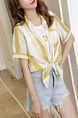 White and Yellow Loose Contrast Stripe Shirt Top for Casual Party