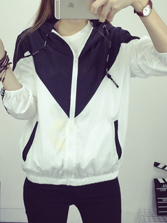 White and Black Loose Contrast Hooded Long Sleeve Coat for Casual Sports