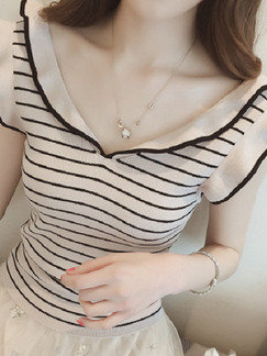 Flesh Pink Slim Knitting Stripe Ruffle T-Shirt V Neck Top for Casual Party